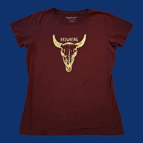 Browning Burgundy Graphic Gold Skull Crew Neck Short Sleeve Tee - Picture 1 of 5